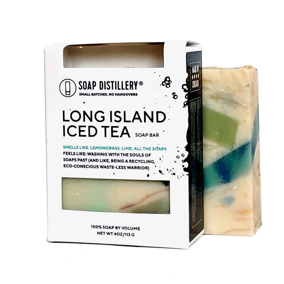Photo of cream colored bar of soap with blue and green sections next to a packaged bar of soap in a black and white  box with a label that says "Long Island Iced Tea" with a description.