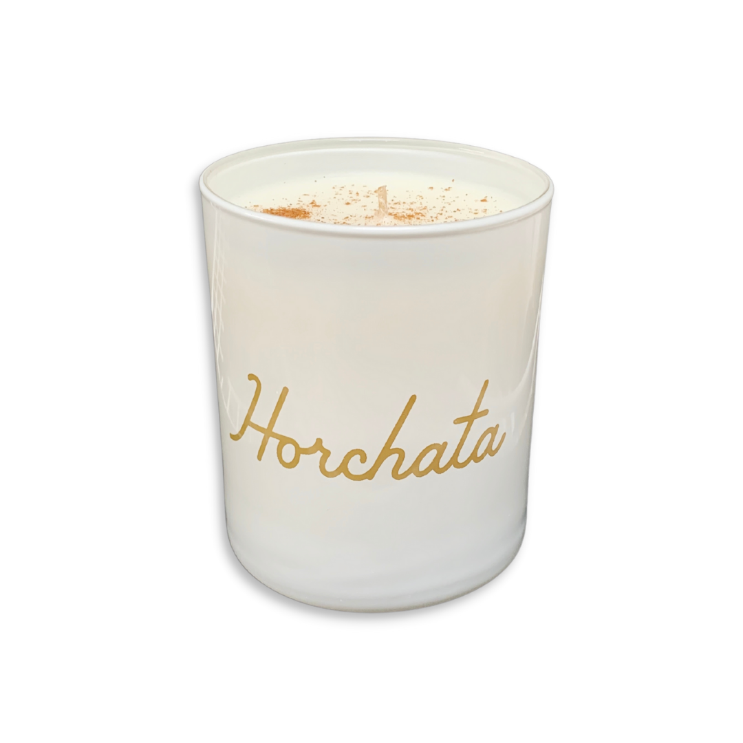 horchata-scented candle in an opaque glass container