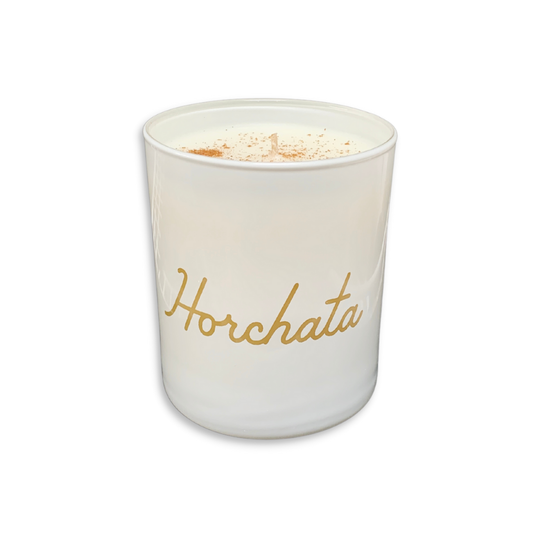 horchata-scented candle in an opaque glass container