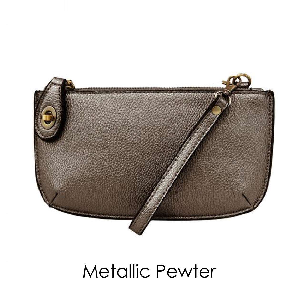 metallic pewter leather clutch on a white background
