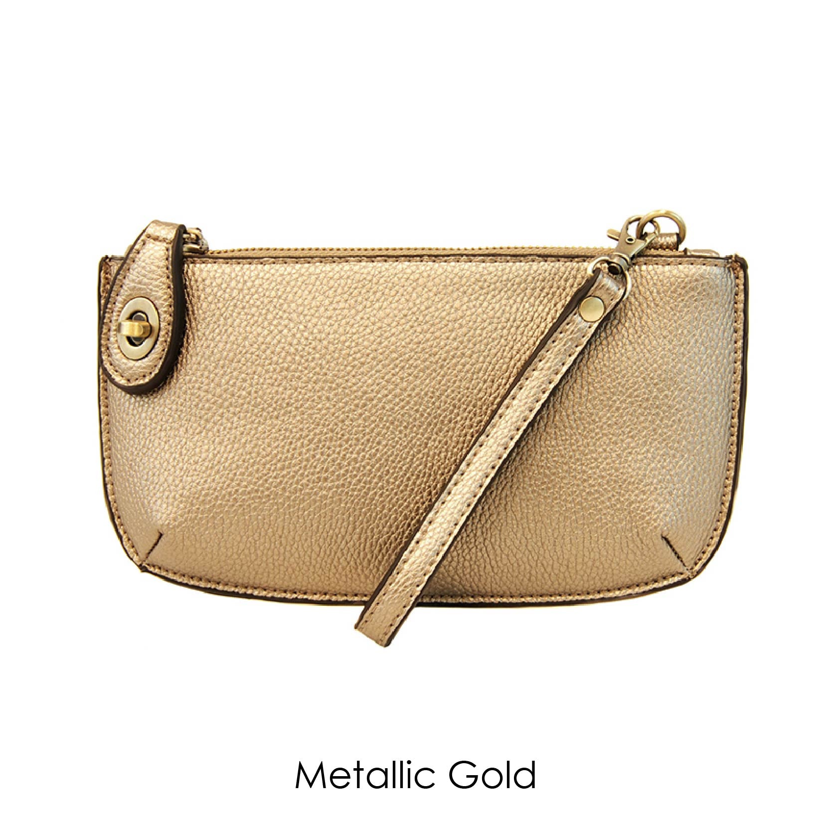 metallic gold leather clutch on a white background