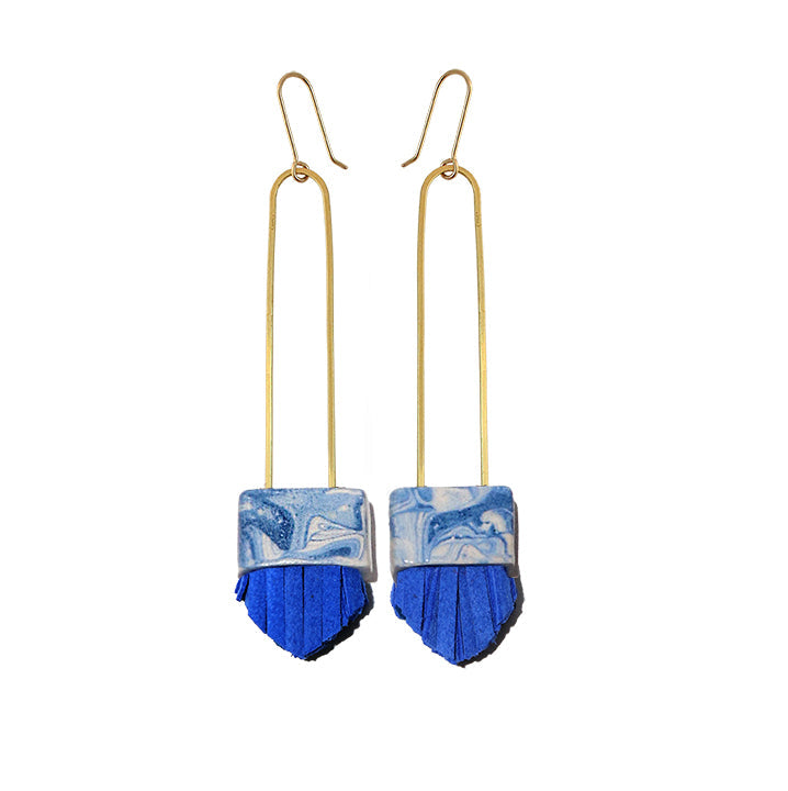 blue fringe drop earrings