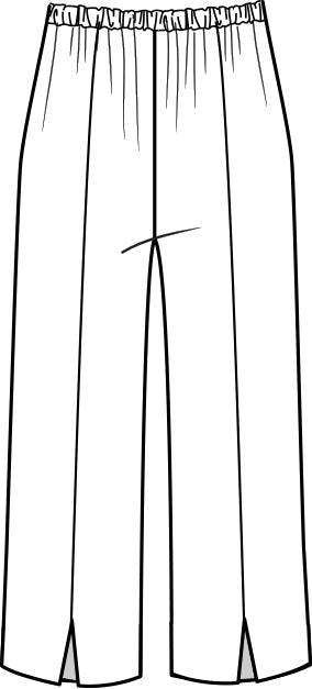 illustration of a slim pant with a full elastic waist and center seams on either leg ending in a split at the ankle