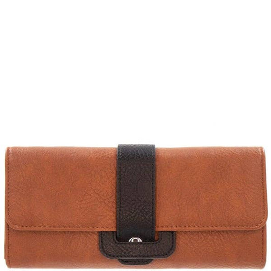 brown leather wallet with black detailing