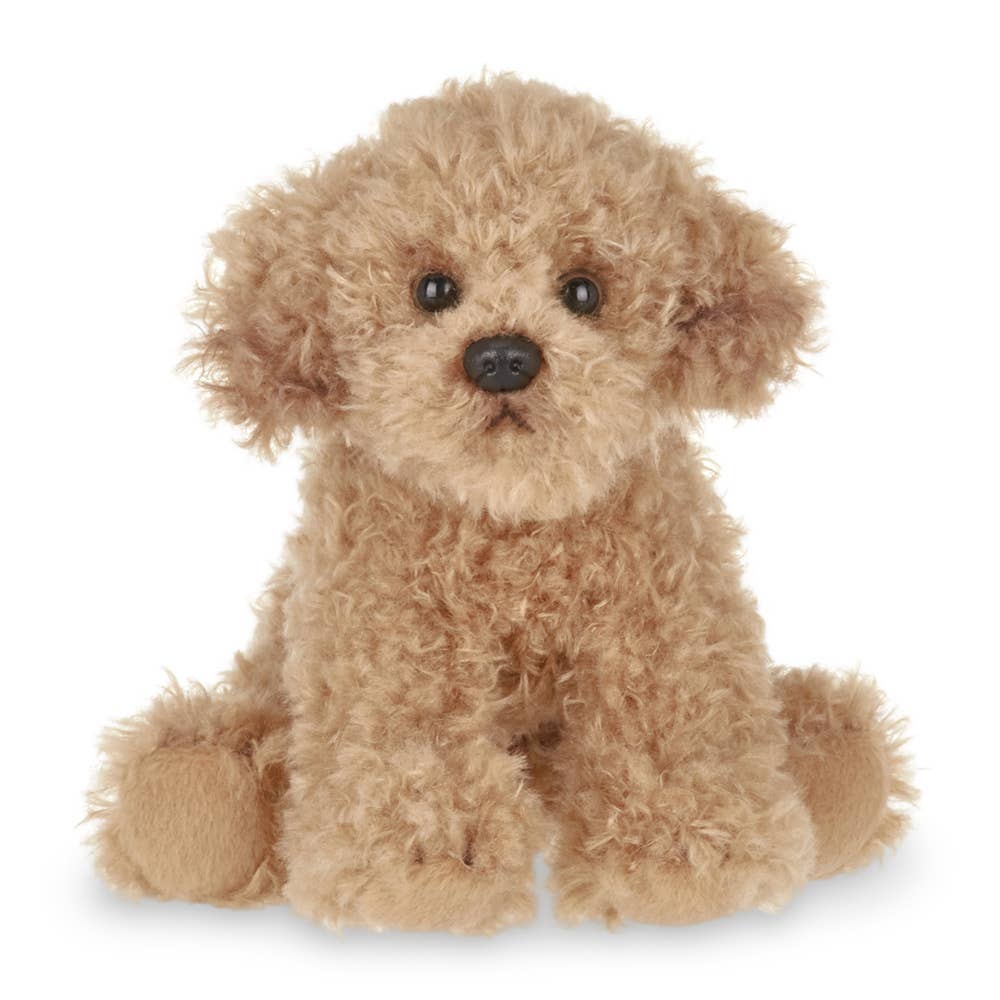 close up of curly hair goodendoodle plush toy. on a white background. 