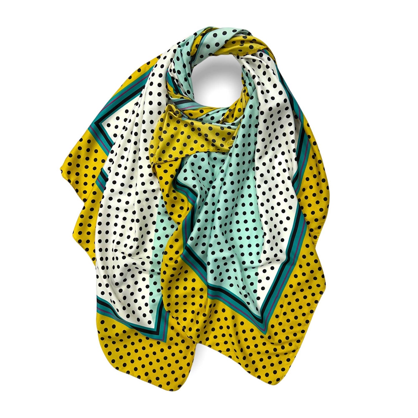 cool-toned polka dot scarf draped as if it is on a neck
