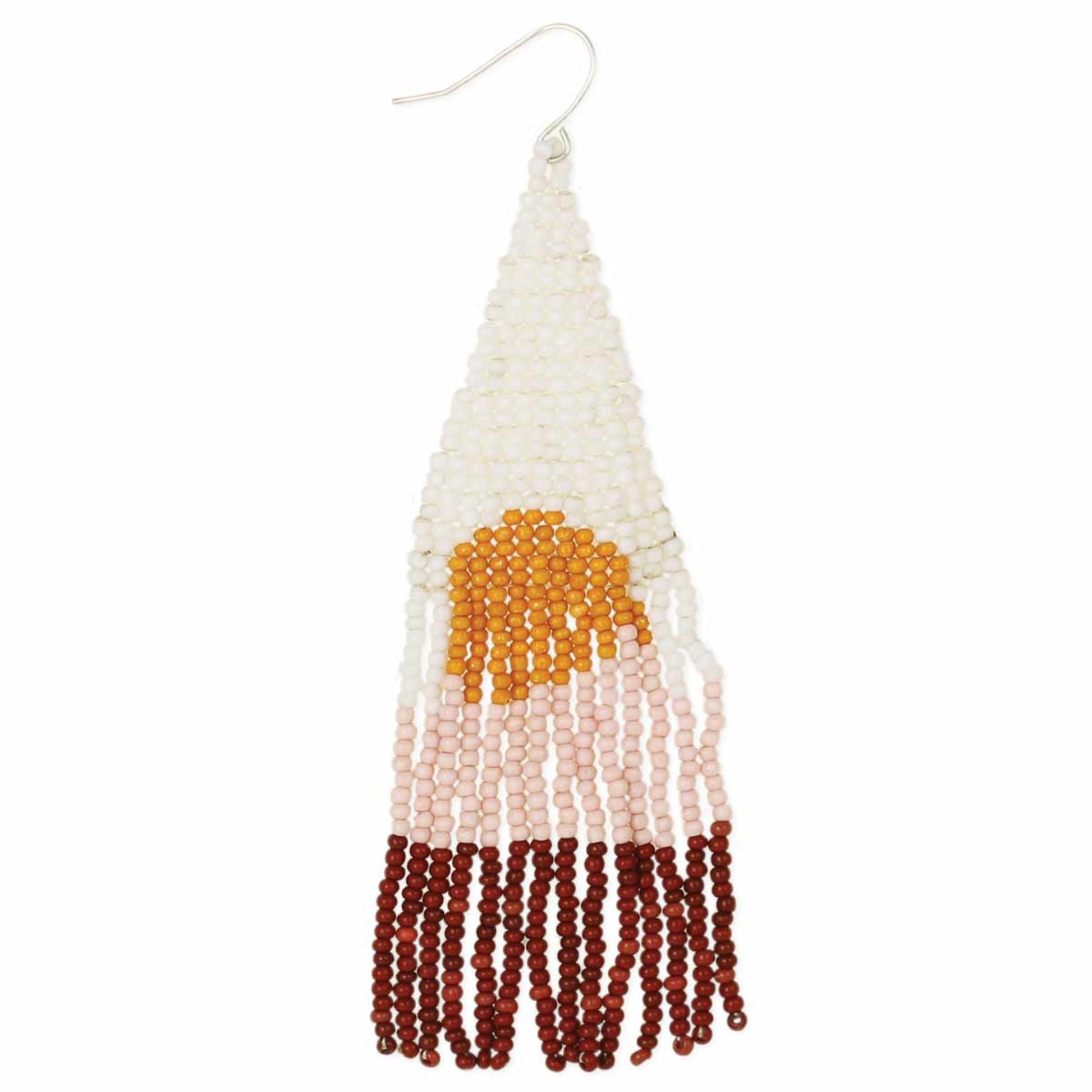 Pictured against a white background are beaded earrings that feature a yellow sun against light pink and red beaded backdrop.