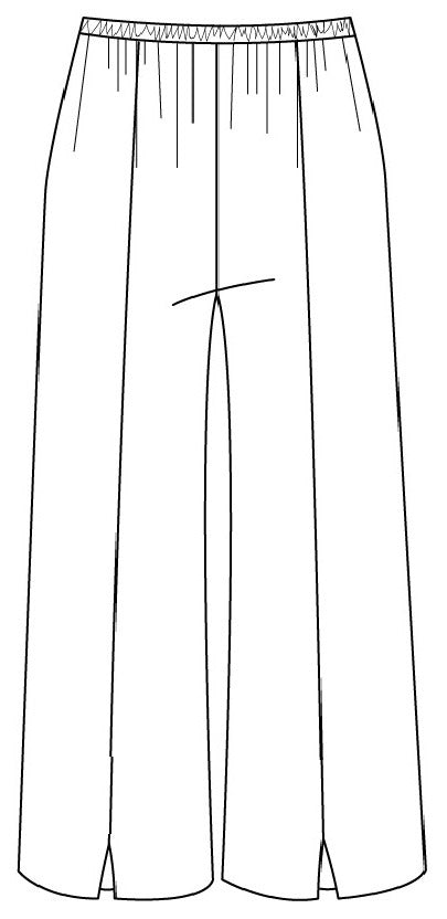 drawing of a wide leg pant with an elastic waistband, center front seams and a split at each ankle
