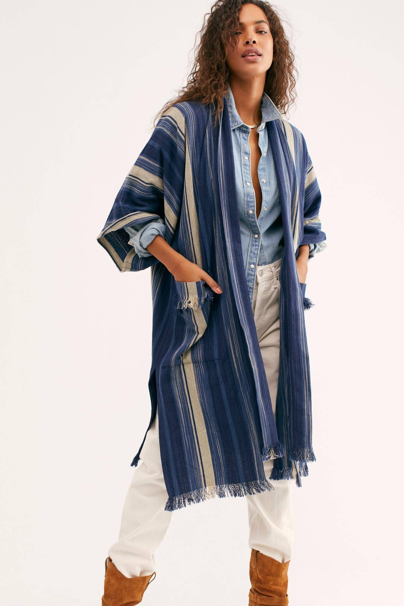 blue and ivory vertical stripe cotton kimono