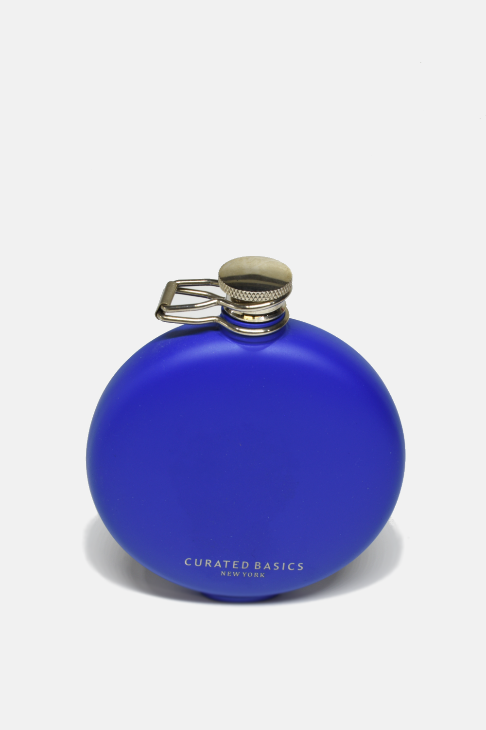 blue stainless steel flask against white background