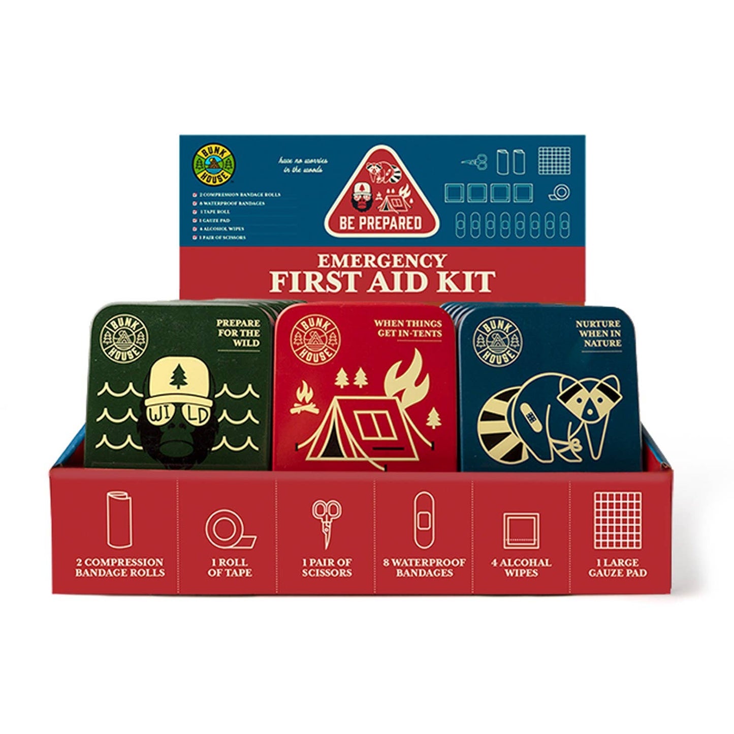 multiple emergency first aid kits shown in a display against a white backdrop