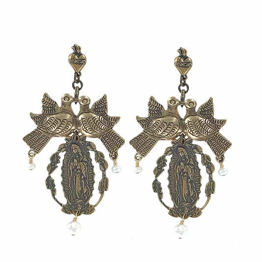 Post drop earrings with Virgen de Guadalupe, birds, and crystal drops on white background