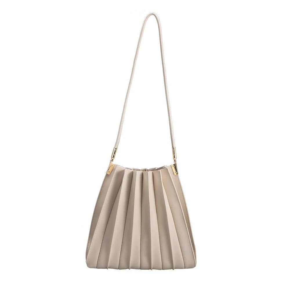 bone color handbag with a long strap and a pleated detail