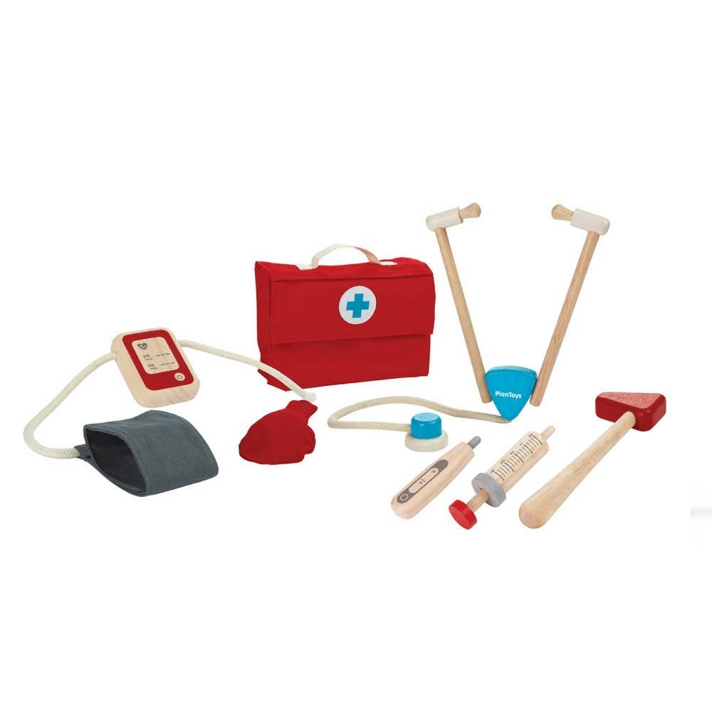 kids doctor play set featuring a red bag with a blue cross on it, a wooden stethoscope, pulse monitor, thermometer, and reflex hammer.