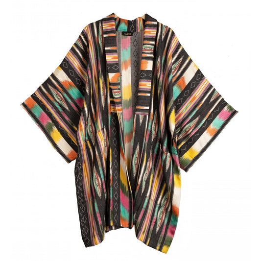black jacket kimono with multi color geometric pattern 