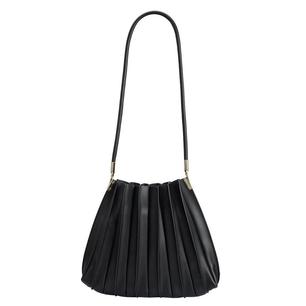black handbag with a long strap and a pleated look