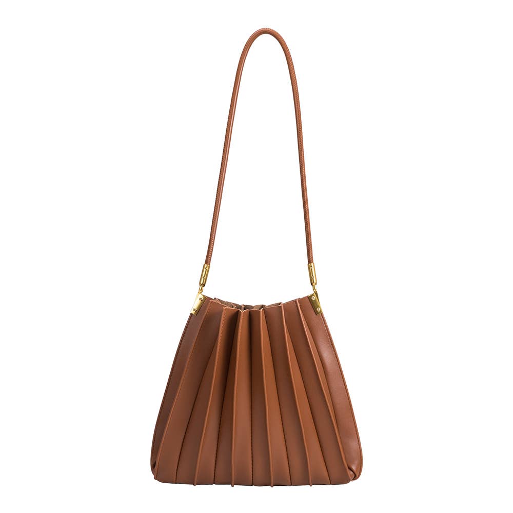 rounded saddle brown handbag with a long strap and a pleated detail