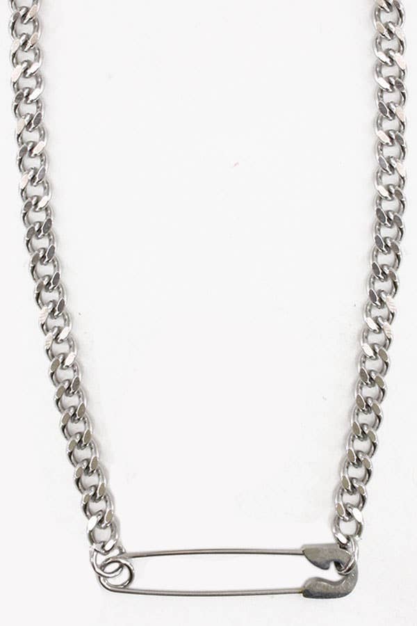 silver chain necklace with safety pin