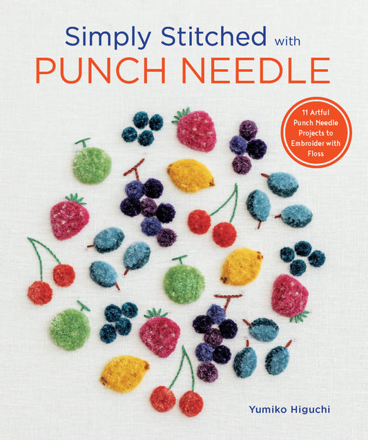 book cover entitled "simply stitched with punch needle" with images of punched needle designs