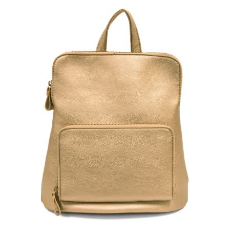 Pictured against a white background is a small, pleather metallic gold backpack with a small, zip-top front compartment.