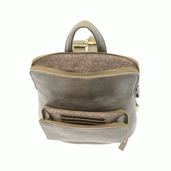 metallic khaki backpack, open top view