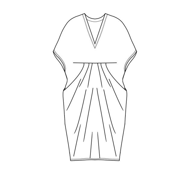 flat black line drawing of kaftan style dress with pleats against a white background