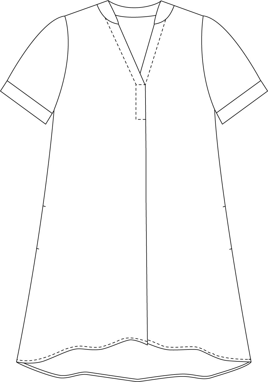 drawing of a linen dress with short cuffed sleeves, a split neckline and a boxy fit