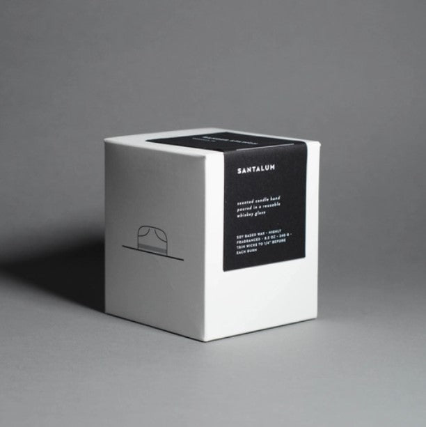 white box with black copmpany label that says santalum and small hat drawing. on a grey background